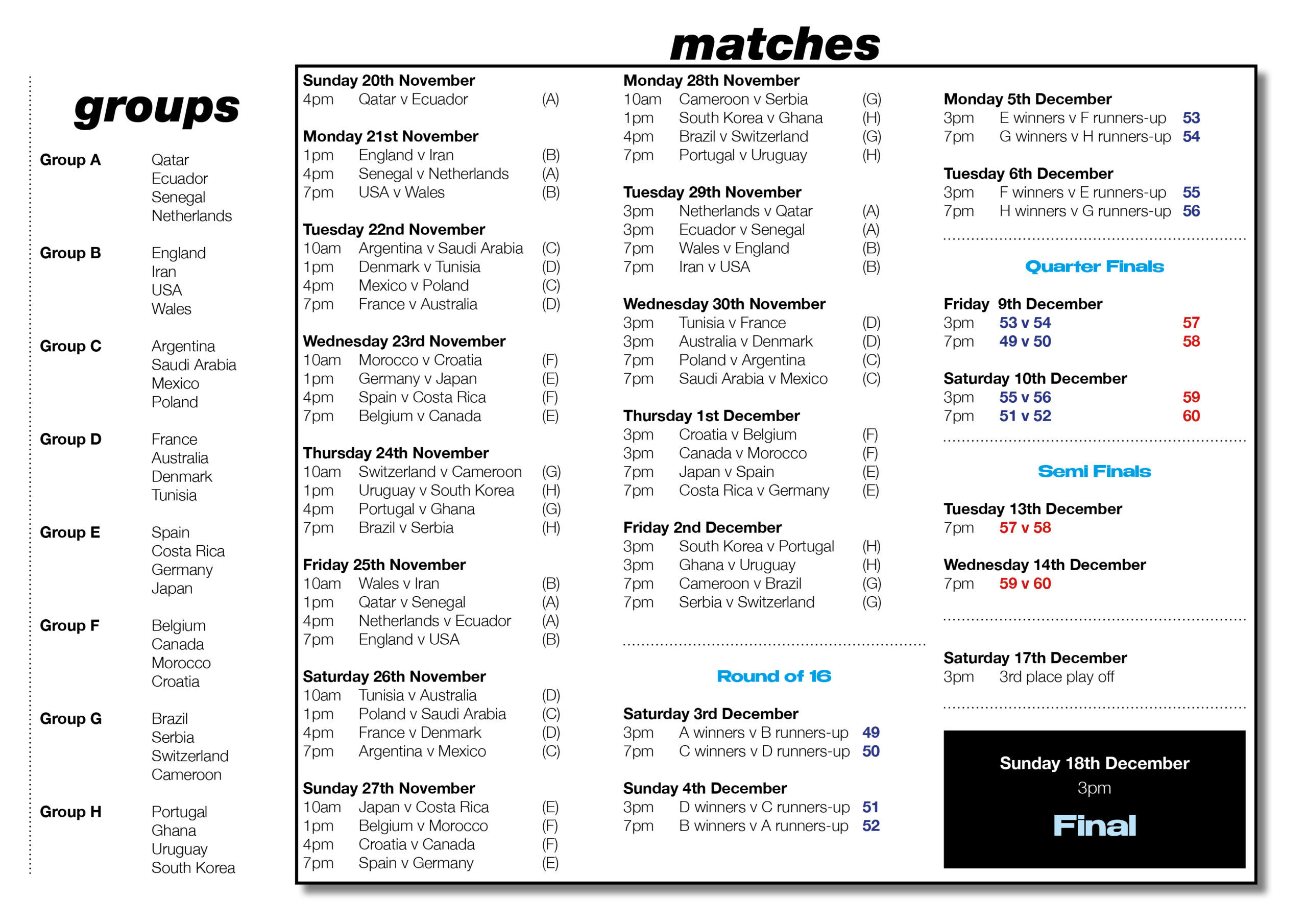 printer friendly World cup 2022 schedule